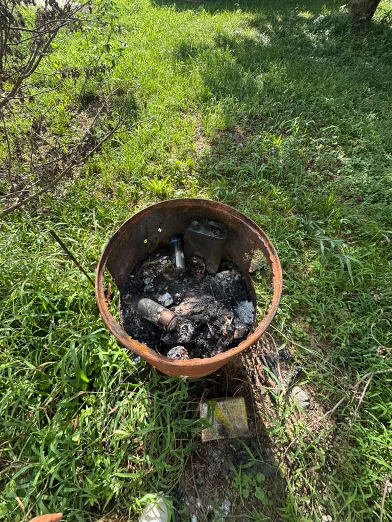 Rusted metal bowl filled with charred ashes and debris sitting in overgrown grass and vegetation outdoors