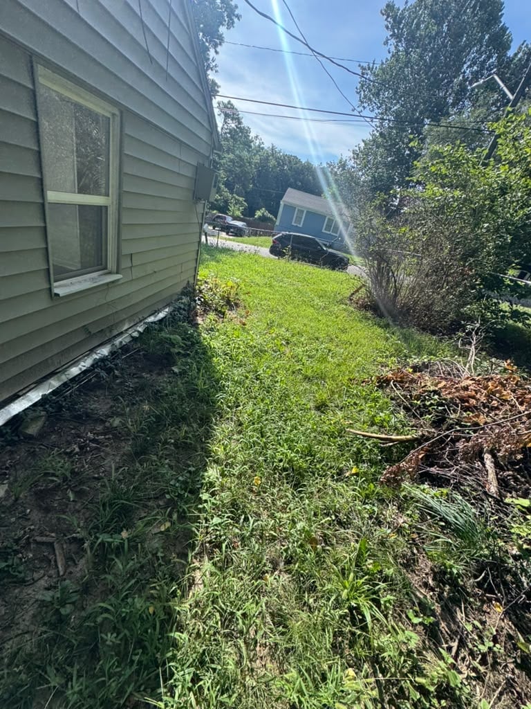 Side yard of gray house with overgrown grass, shrubs, and blue vehicle parked in driveway in background