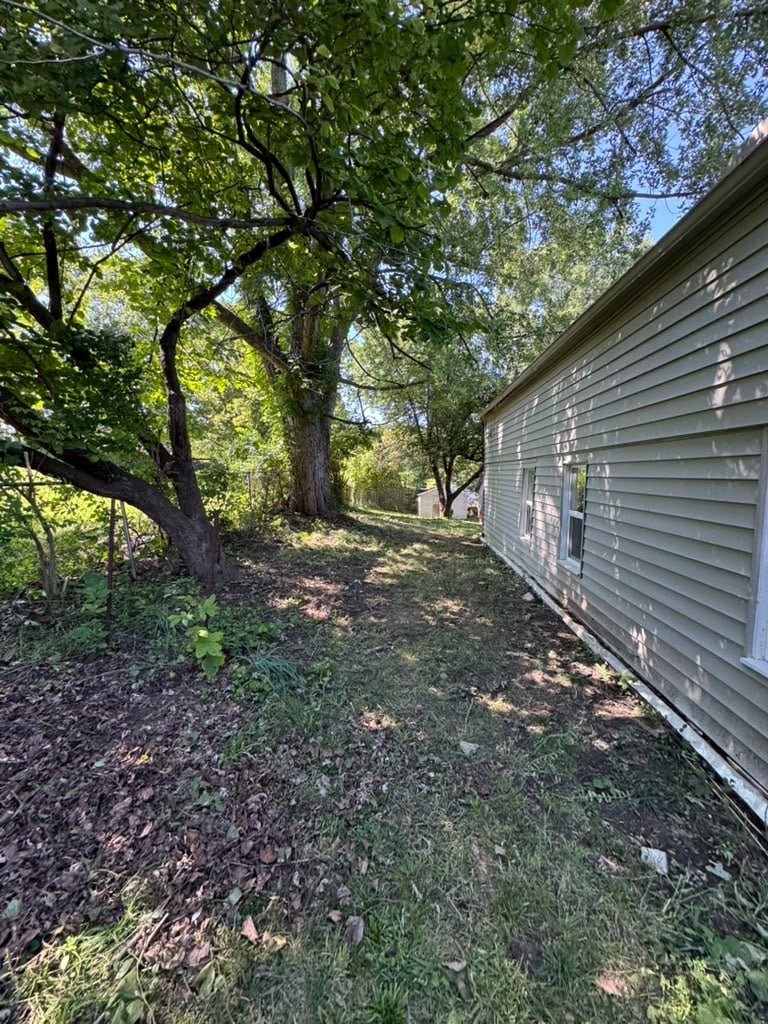 Gray wooden house with white door alongside shaded dirt path lined with large green trees