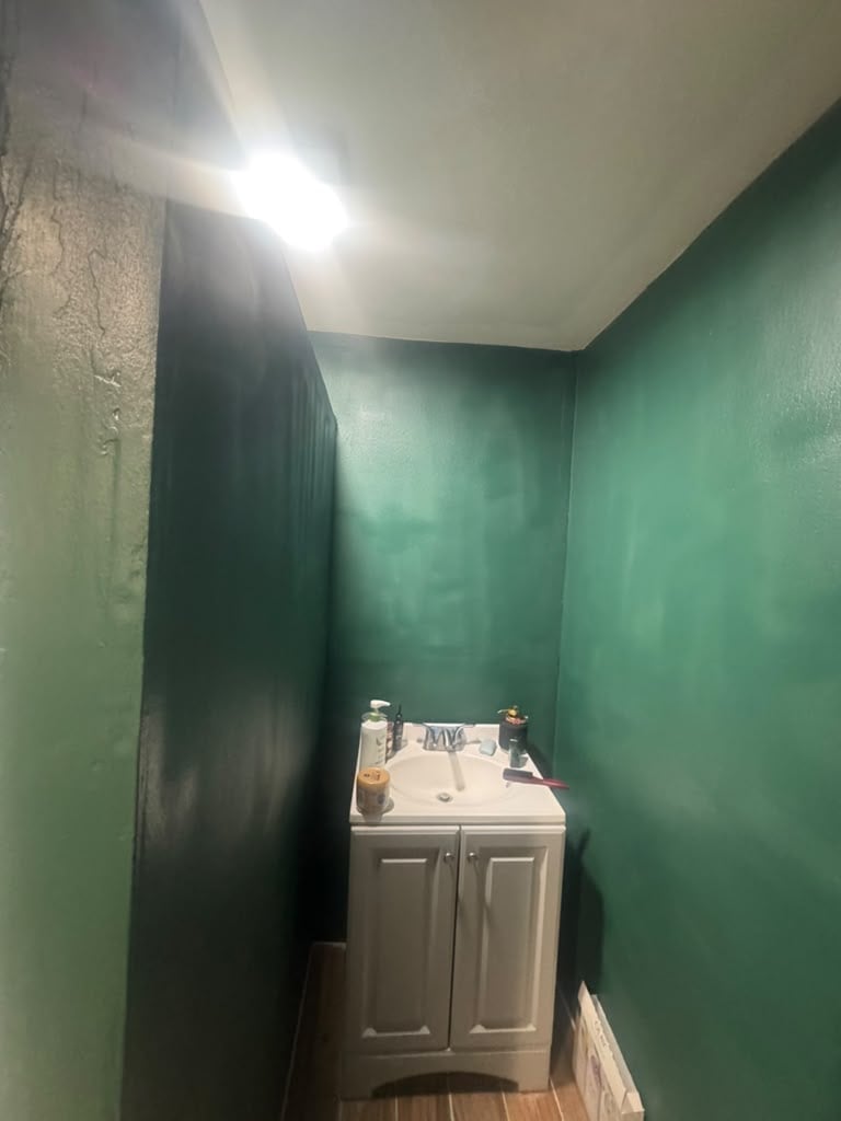 Small bathroom with green walls, white vanity sink, and black shower door or partition