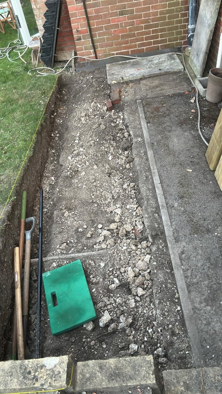 Narrow outdoor pathway with exposed gravel, weathered concrete surface, brick wall background, green storage box, and garden tools visible