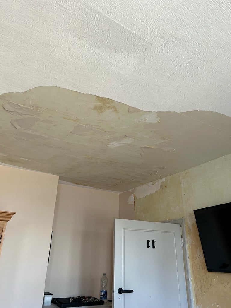 Damaged ceiling with peeling paint and water stains in an interior room with white closet door
