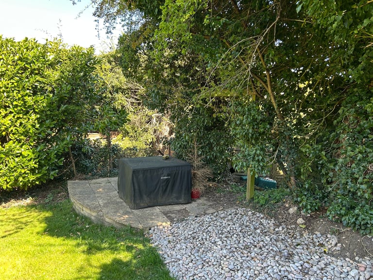 Covered outdoor storage box on gravel patio surrounded by green hedges and ivy in a sunny garden