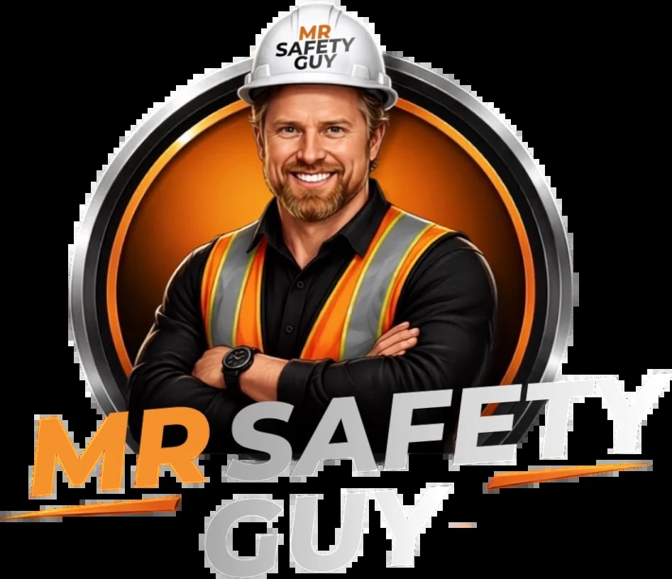 Mr Safety Guy logo featuring a smiling man wearing a white hard hat, reflective vest, and black shirt against an orange circular background