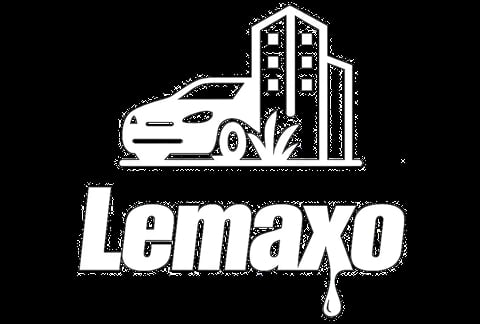 Lemaxo logo featuring a white car silhouette next to a tall building with dripping effect on black background