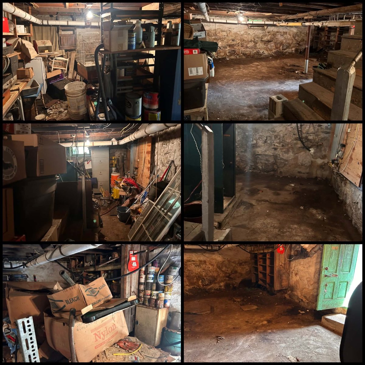 Before and after grid showing six angles of a basement cleanout — left column shows cluttered before shots, right column shows the cleared open floor after