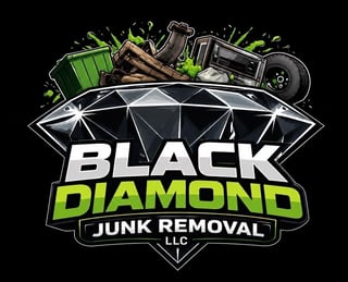 Black Diamond Junk Removal logo — diamond shape with junk items and green text on black background