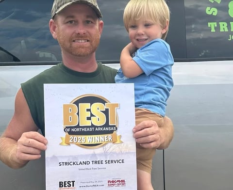 Man holding young child and Best of Northeast Arkansas 2025 Winner certificate for Strickland Tree Service