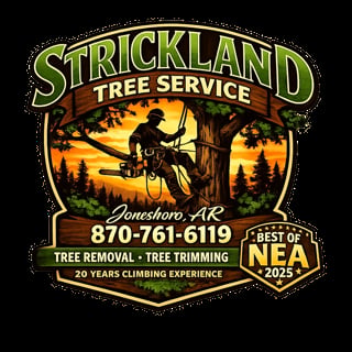 Strickland Tree Service logo featuring a silhouette of a arborist in a tree at sunset, Jonesboro AR, with 20 years climbing experience and Best of NEA 2025 award