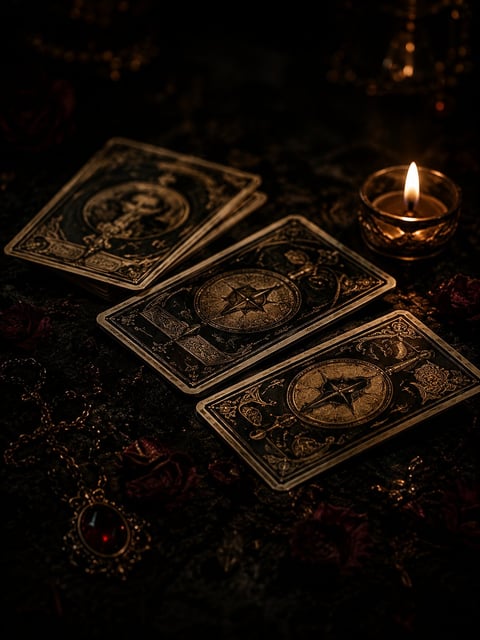 Tarot cards arranged on dark surface with burning candle and mystical decorations in moody lighting