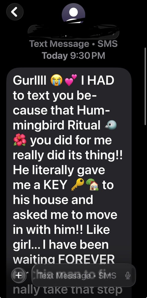 Text message conversation with a client about the hummingbird ritual and a house key, sharing how it shifted their energy and life
