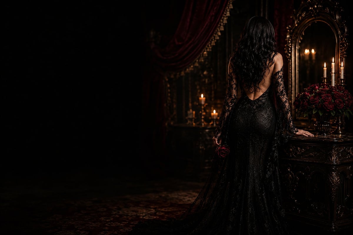 Psychic tarot reader with black lace gown seated before an ornate antique gold mirror surrounded by burning candles and deep-red roses in a candlelit gothic boudoir