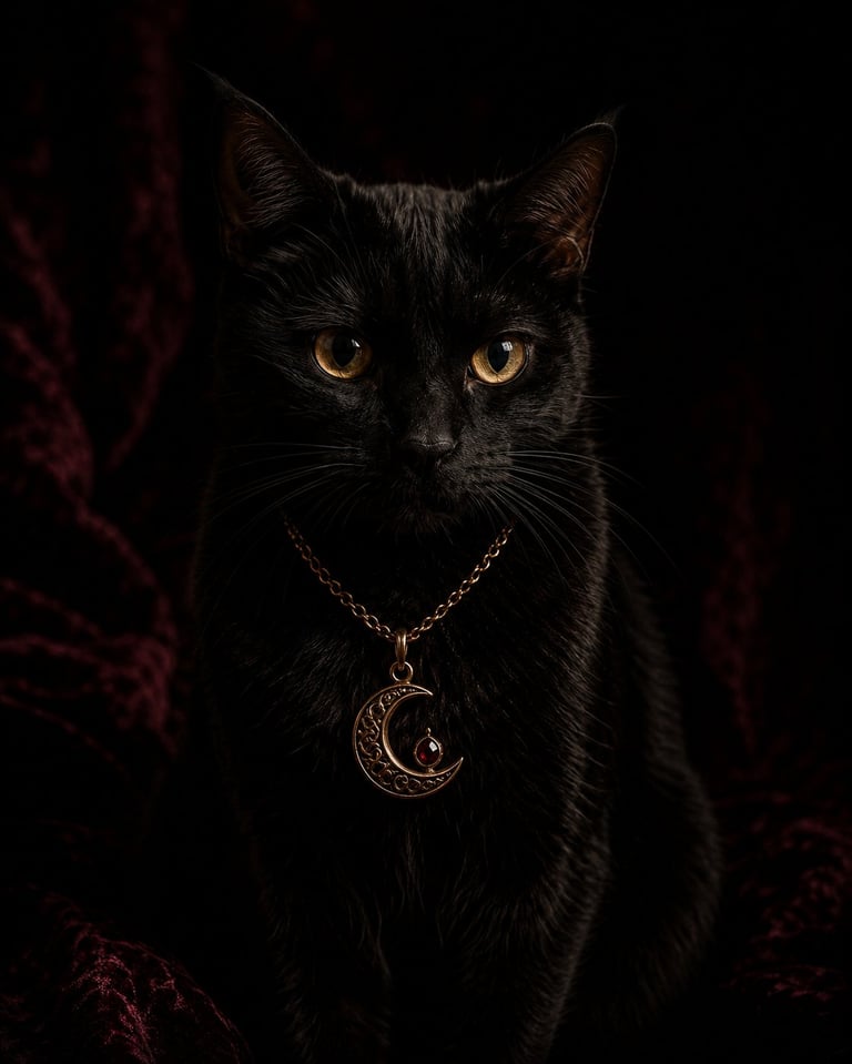 Black cat with glowing amber eyes wearing a crescent moon pendant against a dark background
