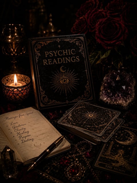 Mystical tarot and psychic reading setup with candles, tarot cards, crystals, roses, and a journal on dark background