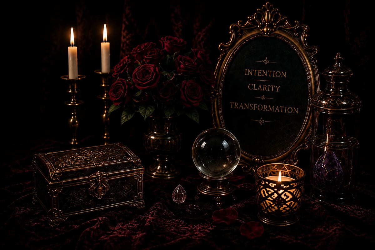 Mystical altar display with lit candles, crystal ball, ornate mirror reading Intention Clarity Transformation, vintage box, and dark roses on black background