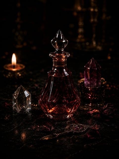 Amber glass potion bottle with pointed stopper surrounded by glowing candles and crystal points