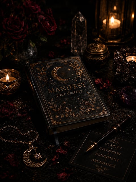 Black book titled Manifest Your Destiny surrounded by candles, crystals, roses, and tarot cards in a mystical altar setting