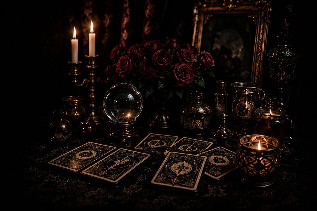 Mystical fortune telling display with tarot cards, candles, crystal ball, dark red roses, ornate mirror, and incense on black background