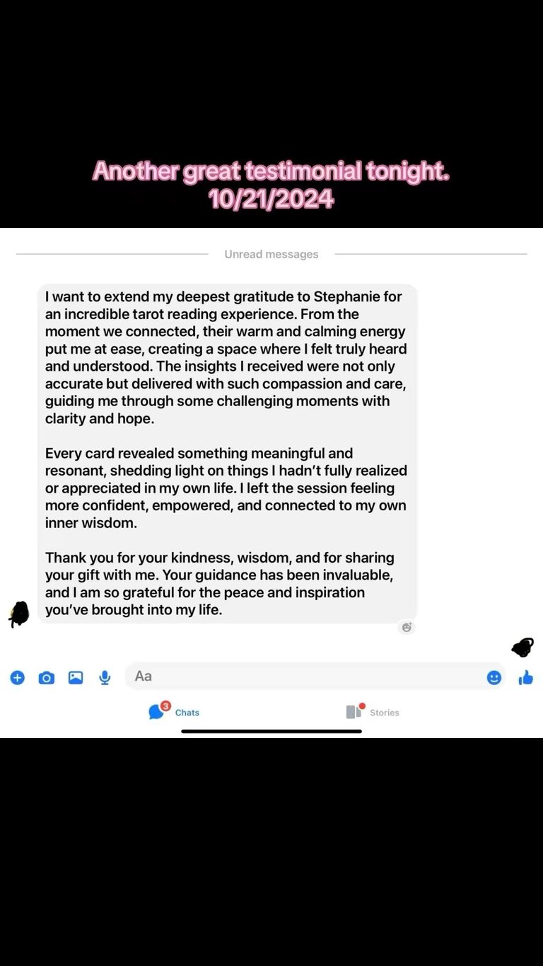 Facebook message with testimonial praising a tarot reading from Stephanie dated 10/21/2024, expressing gratitude and positive life impact