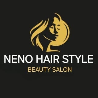 Neno Hair Style Beauty Salon logo featuring a golden silhouette of a woman with flowing hair on dark background