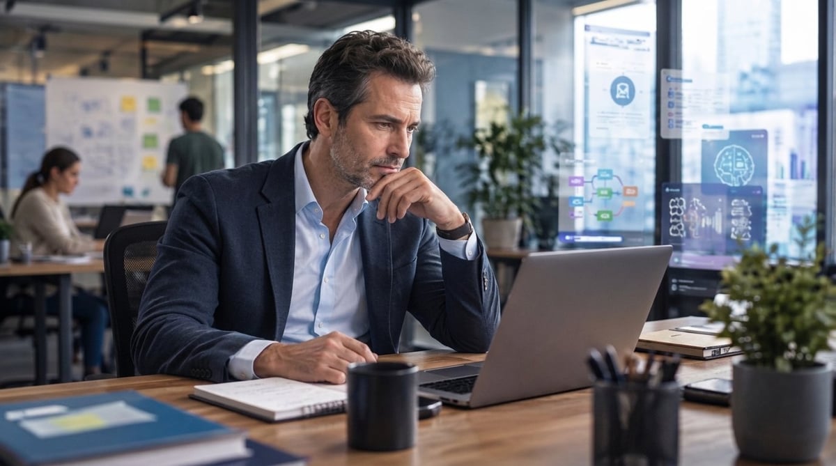 Businessman in dark blazer thinking while working on laptop at desk in modern office with colleagues in background