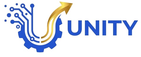 Unity logo featuring a stylized gear with circuit patterns and an upward arrow in gold and blue