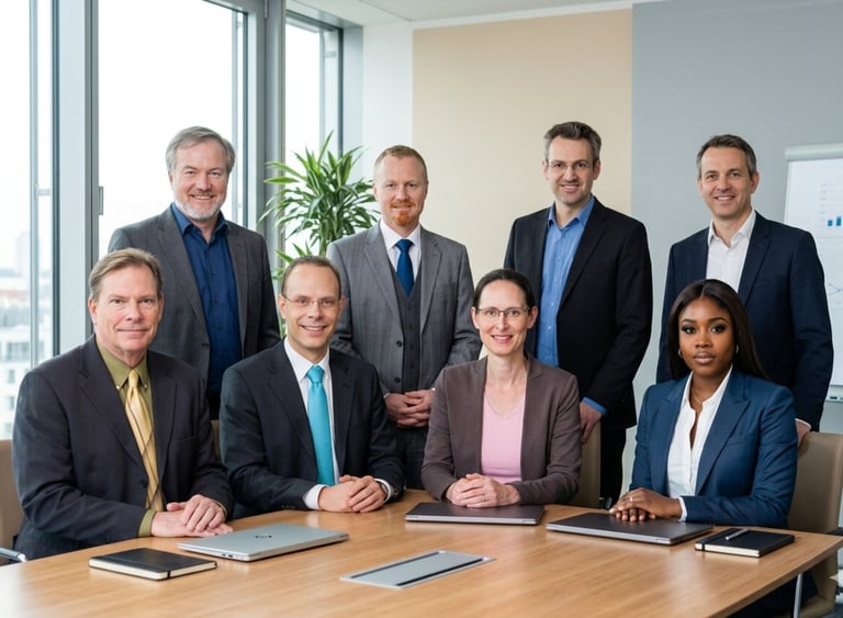 Professional business team of eight people in formal attire posing together in a modern office conference room