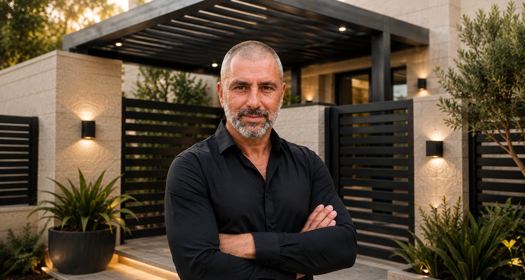 יוגב — בעלים של עולם הצל, עומד בגאווה מול בית עם פרגולת אלומיניום ותאורת נוף