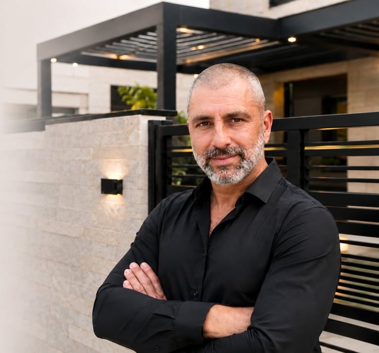 יוגב — בעלים של עולם הצל, עומד בגאווה מול בית מודרני באדריכלות שחור-לבן