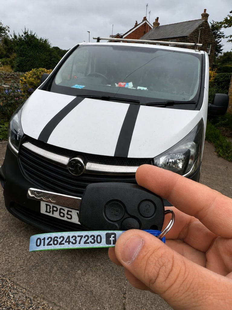 Hand holding key fob in front of white and black striped Vauxhall van