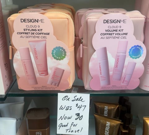 Front of DESIGNME Cloud 9 Styling and Volume kits with Trendsetters salon sale sign