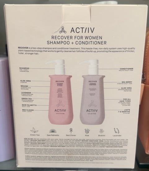 Back of ACTIIV Recover for Women box showing the two-step shampoo and conditioner system