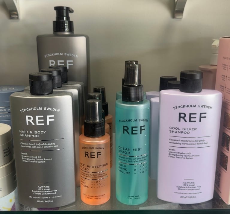 REF Stockholm Hair and Body Shampoo, Heat Protection N°230, Ocean Mist N°303 and Cool Silver Shampoo