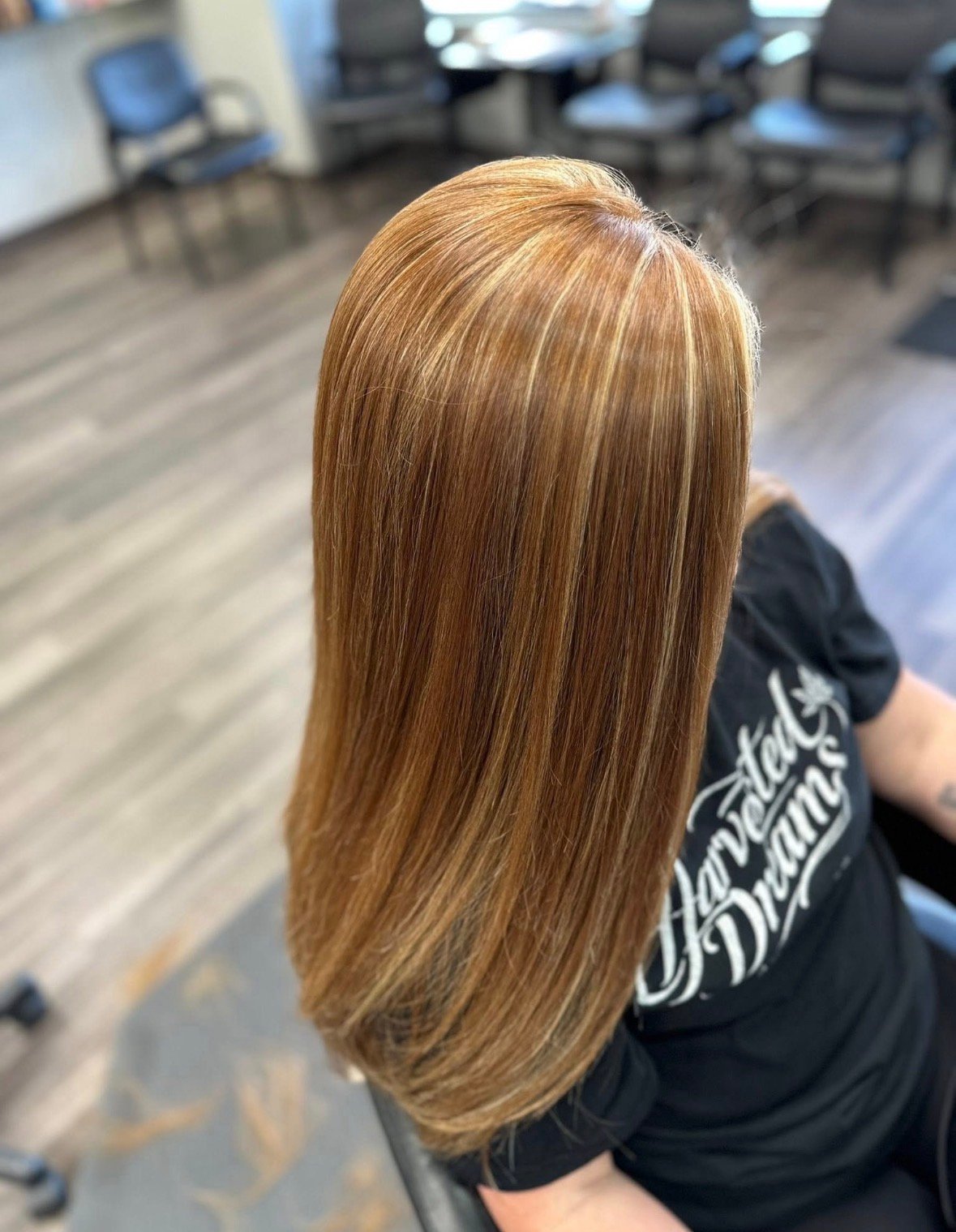 Back view of long, straight, golden-brown highlighted hair.