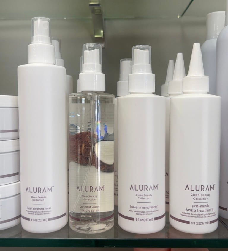Aluram heat defense mist, coconut water texture spray, leave-in conditioner and pre-wash scalp treatment