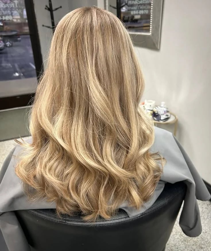 Back view of long, layered blonde hair with subtle waves.