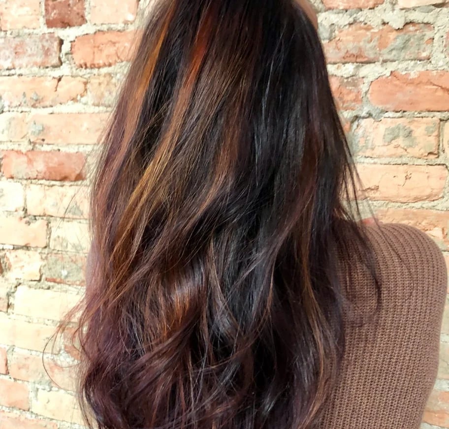 Back view of long dark brown hair with burgundy highlights against a brick wall.