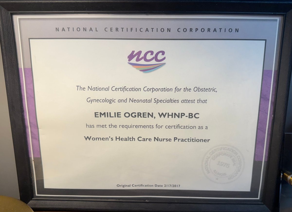 Women's Health Care Nurse Practitioner certification for Emilie Ogren, WHNP-BC.