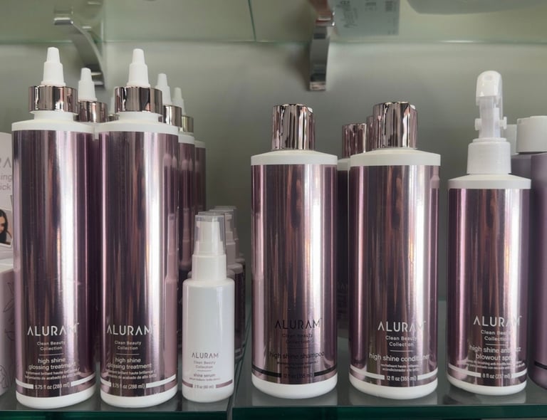 Aluram High Shine shampoo, conditioner, glossing treatment, serum and blowout spray