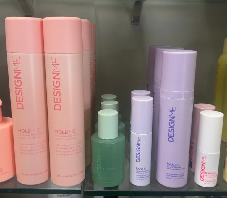 DESIGNME HOLD.ME hairspray, GLOSS.ME serum, FAB.ME leave-in treatment and PUFF.ME Light Volumizing Powder