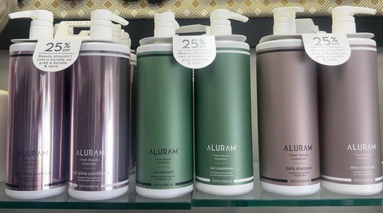 Aluram High Shine, Curl and Daily shampoo and conditioner liter bundles marked 25 percent off