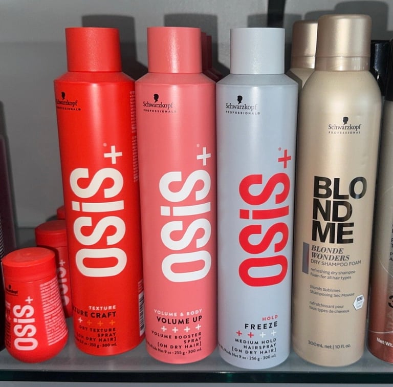 Schwarzkopf Professional OSiS+ Texture Craft, Volume Up, Freeze hairspray, and BLONDME Blonde Wonders Dry Shampoo Foam.