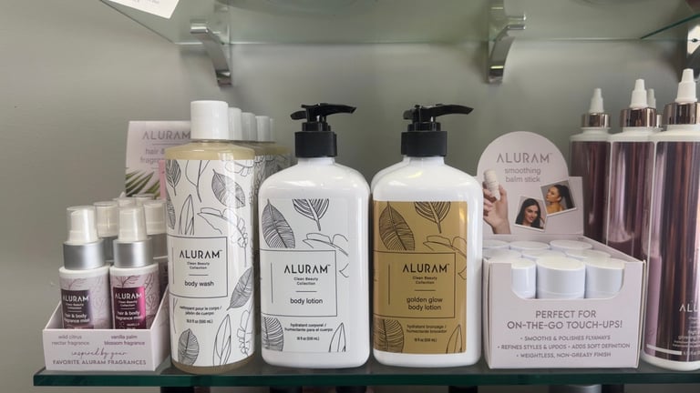 Aluram body wash, body lotions, fragrance mists and smoothing products displayed at Trendsetters