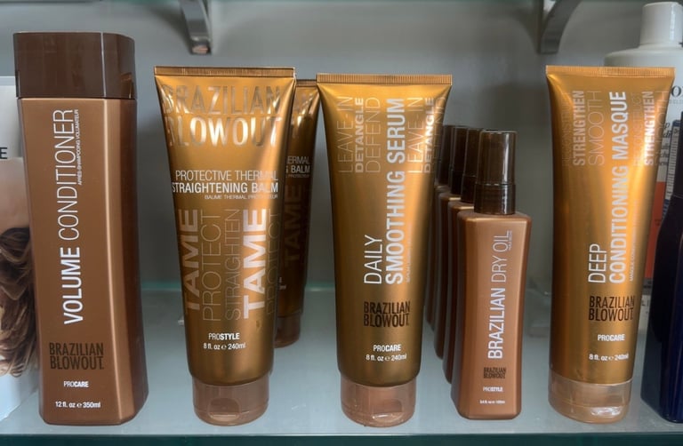 Brazilian Blowout Volume Conditioner, Protective Thermal Straightening Balm, Daily Smoothing Serum, Brazilian Dry Oil, and Deep Conditioning Masque.