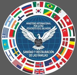 Circular logo with white dove on blue globe surrounded by international flags