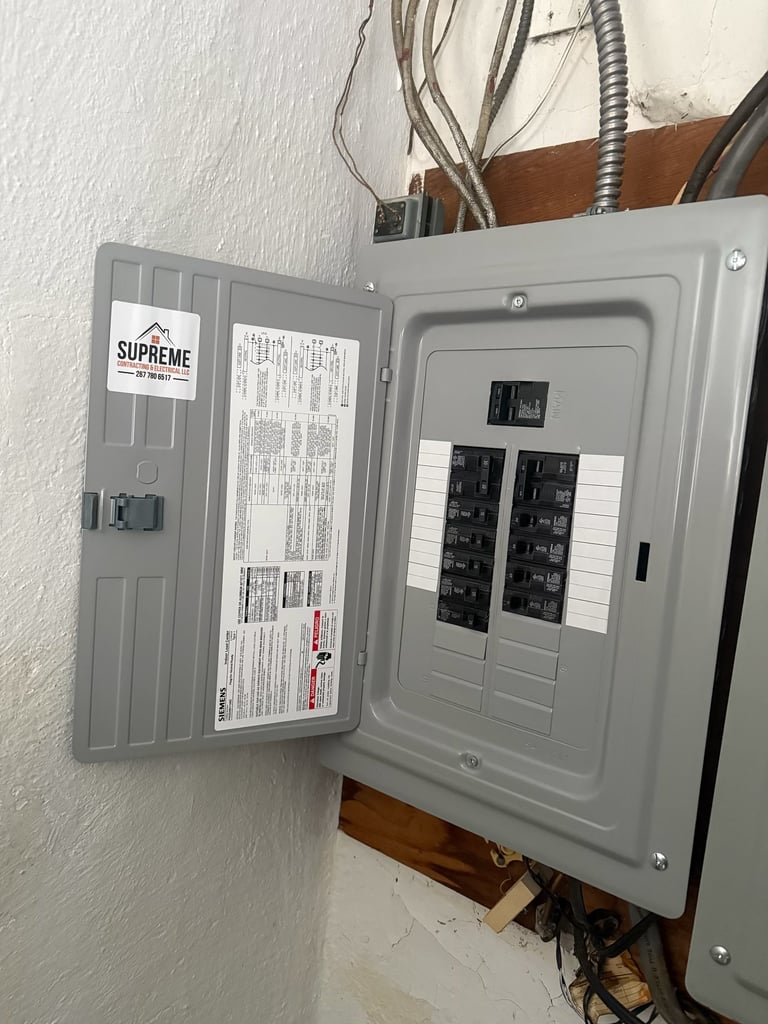 Open gray electrical panel mounted on white wall with circuit breakers and wiring visible inside
