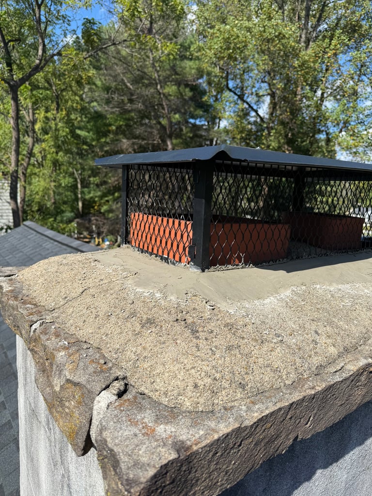 Black metal carport with orange chain-link lower panels in residential driveway, surrounded by tall trees