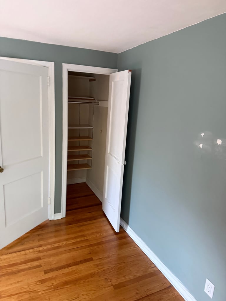 Interior room with sage green walls, open closet with white doors showing wooden shelves, and hardwood floors