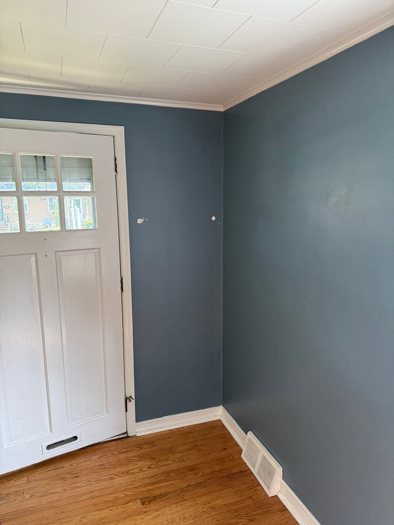 Empty room with blue-gray walls, white ceiling, hardwood floor, and white paneled door with glass windows