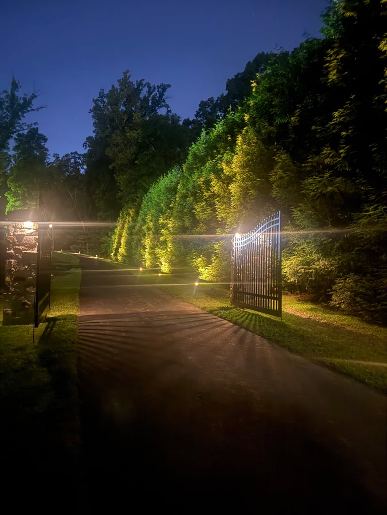 Illuminated garden pathway at night with ivy-covered walls and metal gates flanking an open walkway